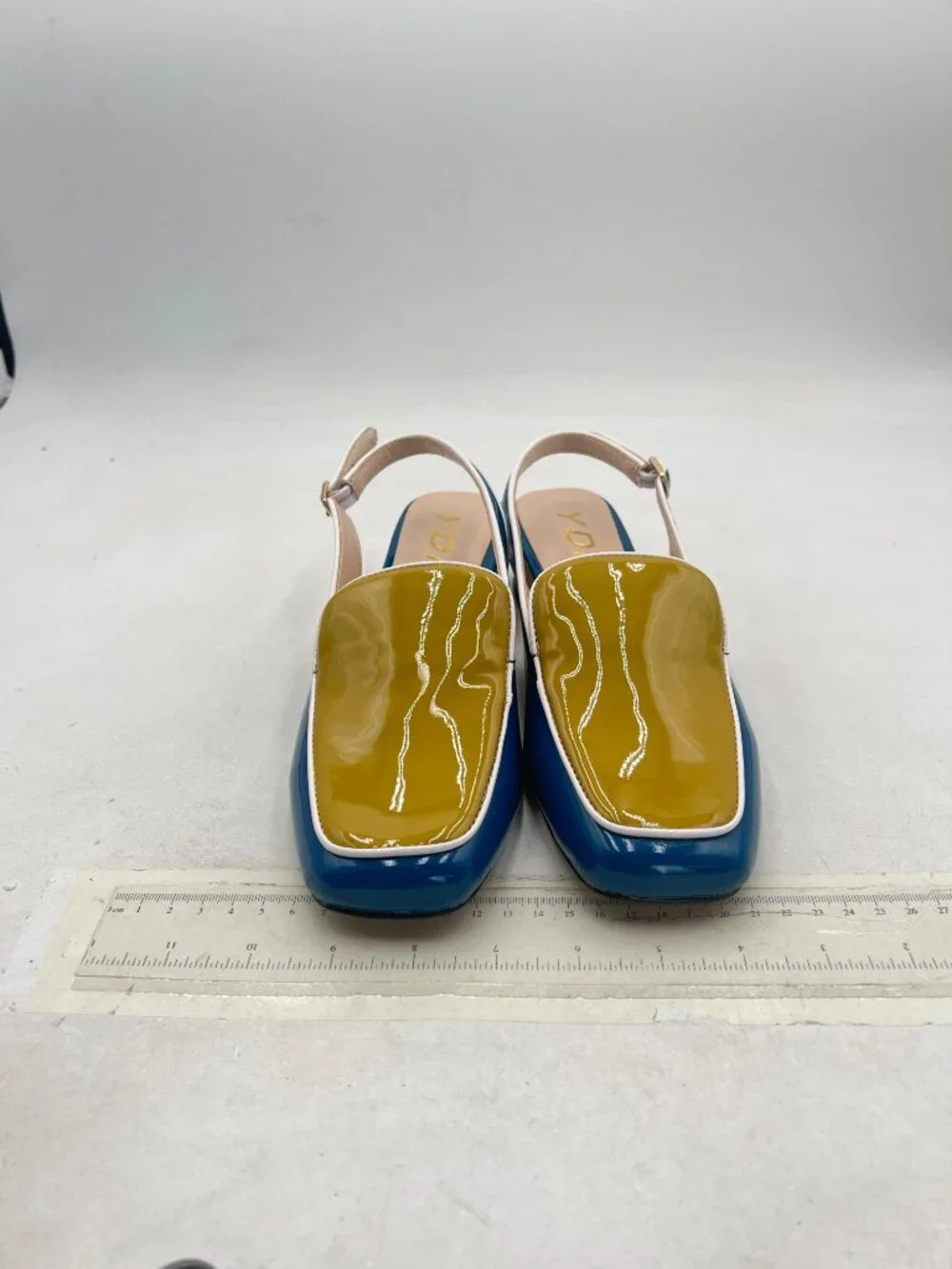 YDN Blue and Yellow Square Toe Block Low Heels Slingback Formal Loafer Shoes